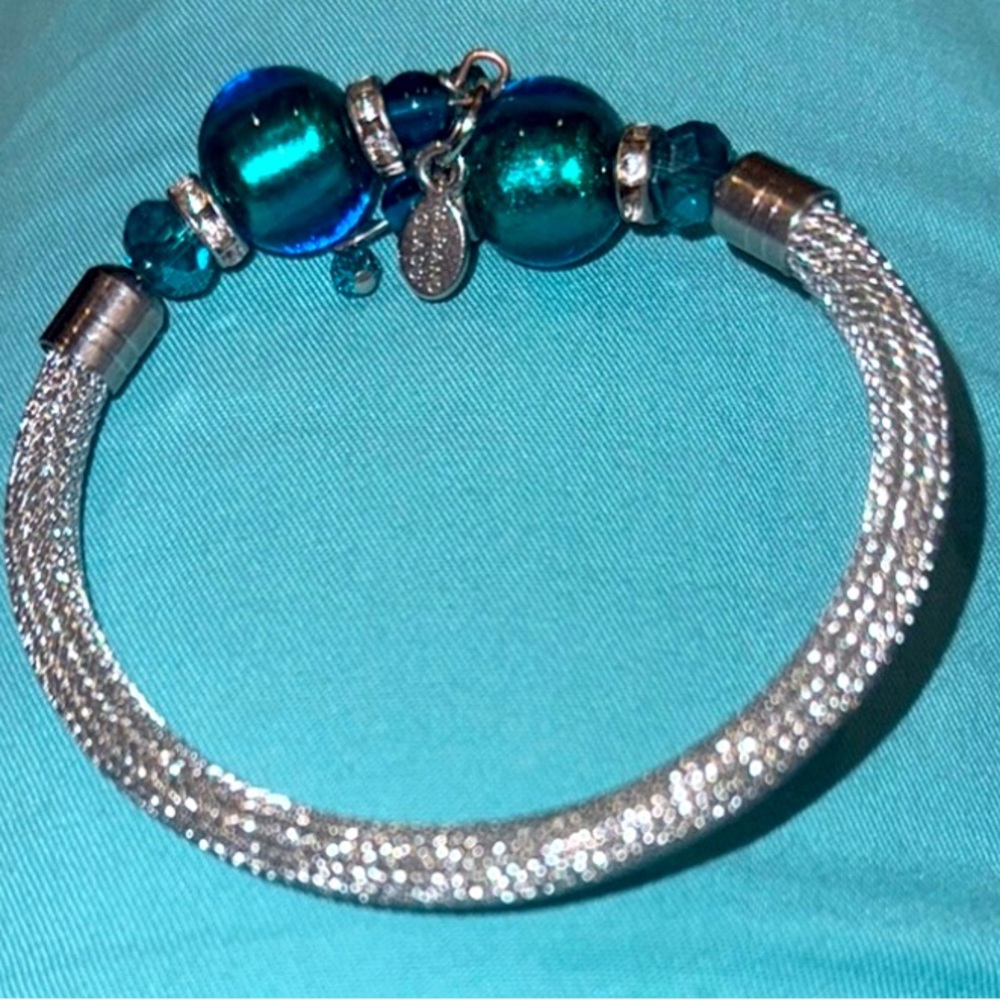 Murano Teal Glass Bead on Mesh Silver Bracelet Italy adjustable open cuff signed